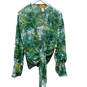 Ruby Rd Green Print Shrug Plus Size 18W Sheer Tie Front Womens Top
